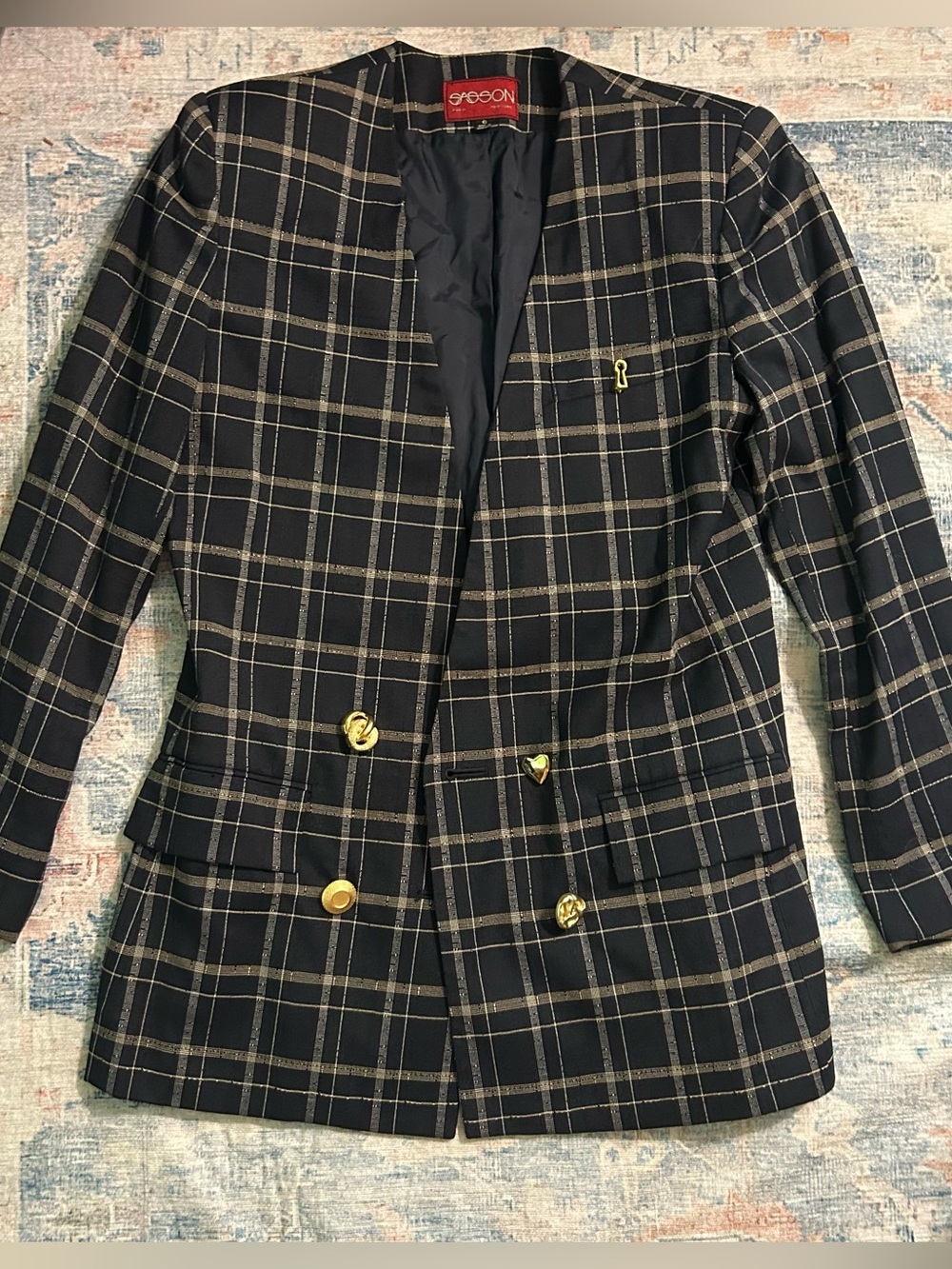 Gorgeous Sasson Paris Black Plaid Double-Breasted Blazer w cool Gold Buttons